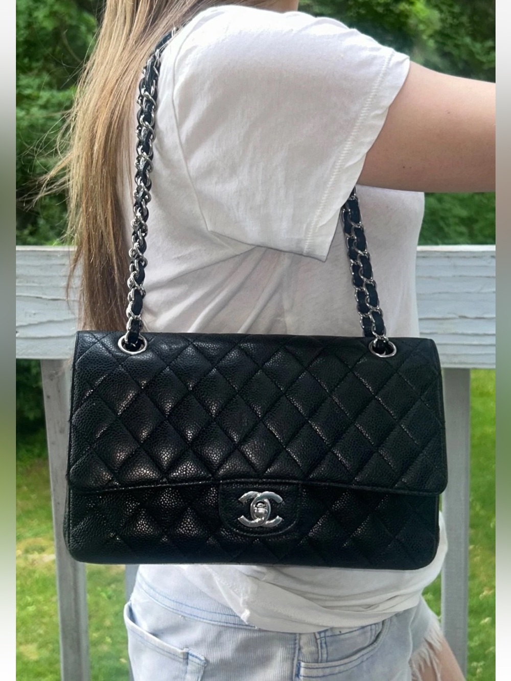 CHANEL Medium Classic Double Flap Caviar Quilted Handbag Black - Full Set
